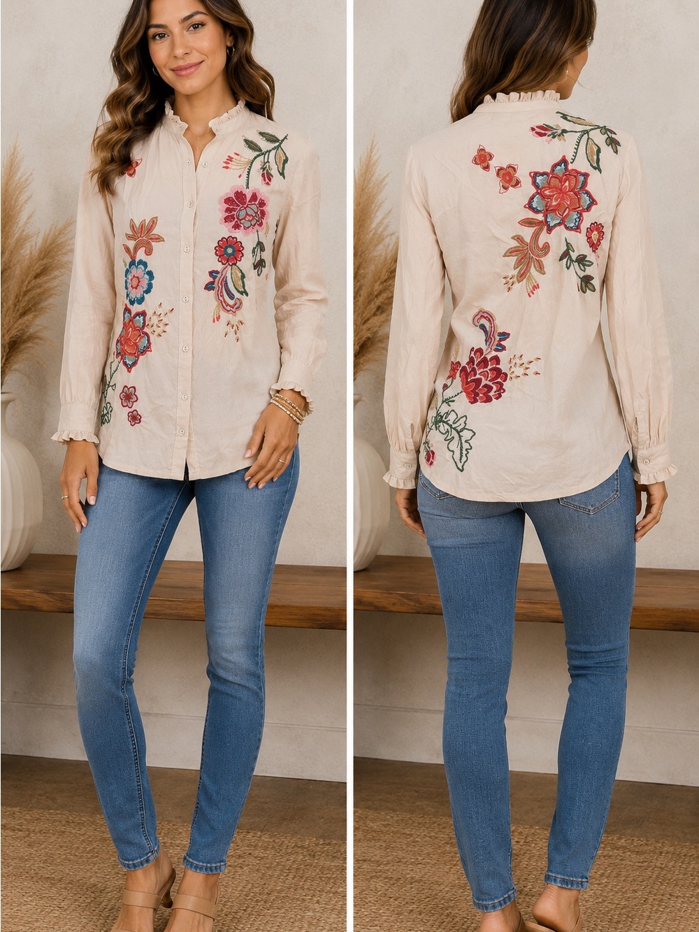 Johnny Was Cream Button-Down Top with Multicolor Floral Embroidery 🌼 ☀️ - Picture 1 of 3